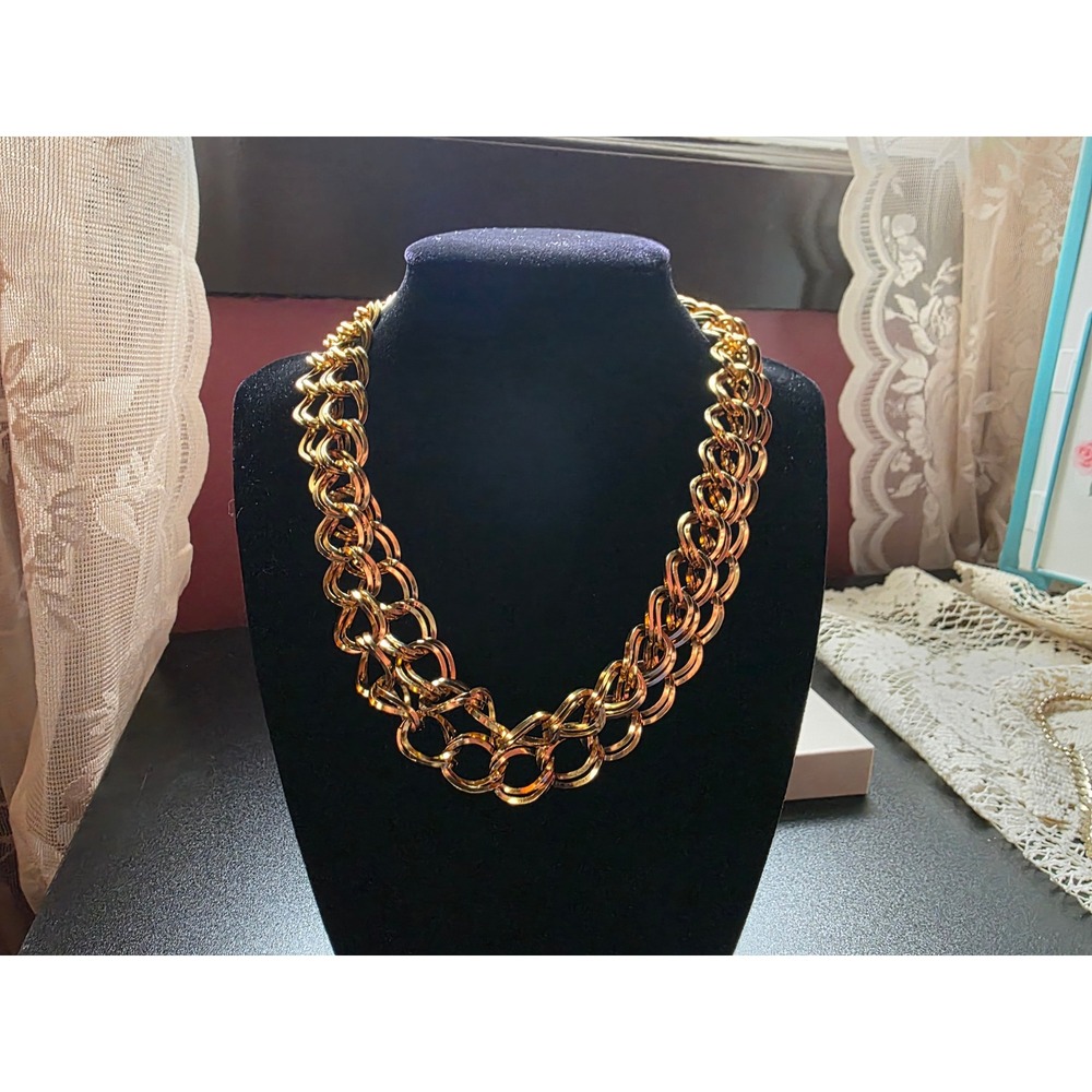 Vintage Gold Tone Chunky Double Link Chain Necklace Statement Hook Clasp 34 Inch